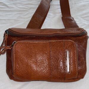 Brown Leather Waist Bag with Front Zip Pocket